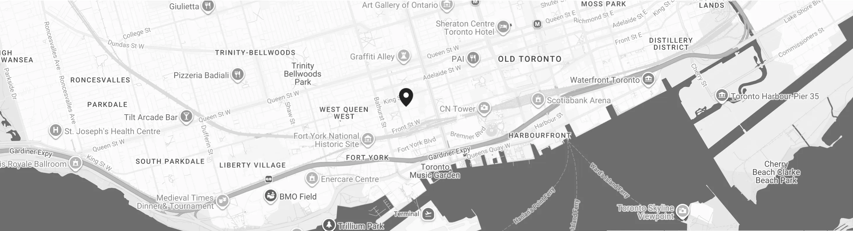 Map showing the Basecamp Venture Partners office on Wellington Street West, Toronto